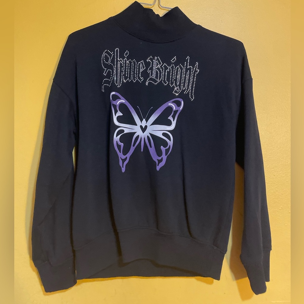 H&M Girls Black Sweatshirt with Purple Butterfly Design Size 8-10Y